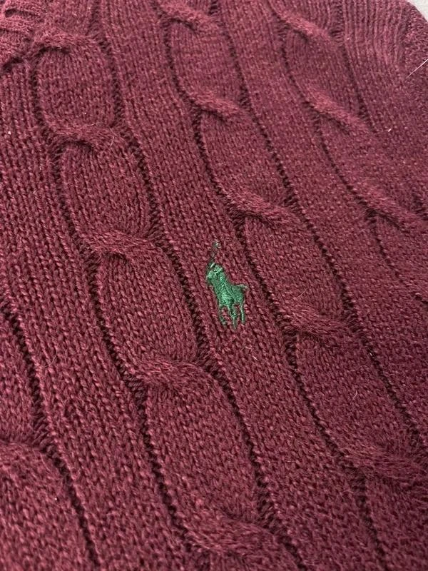 Suéter de lã com padrão de malha de cabo vermelho Bordeaux vintage Ralph Lauren tamanho G – photo 4